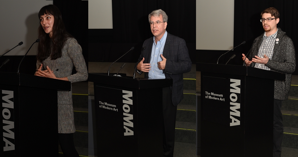 (from left) 2015 MIAP graduate Genevieve Havemeyer-King; MIAP Director Dan Streible; and MIAP student Rob Anen presenting during "Orphans at MoMA" (November 19, 2016)